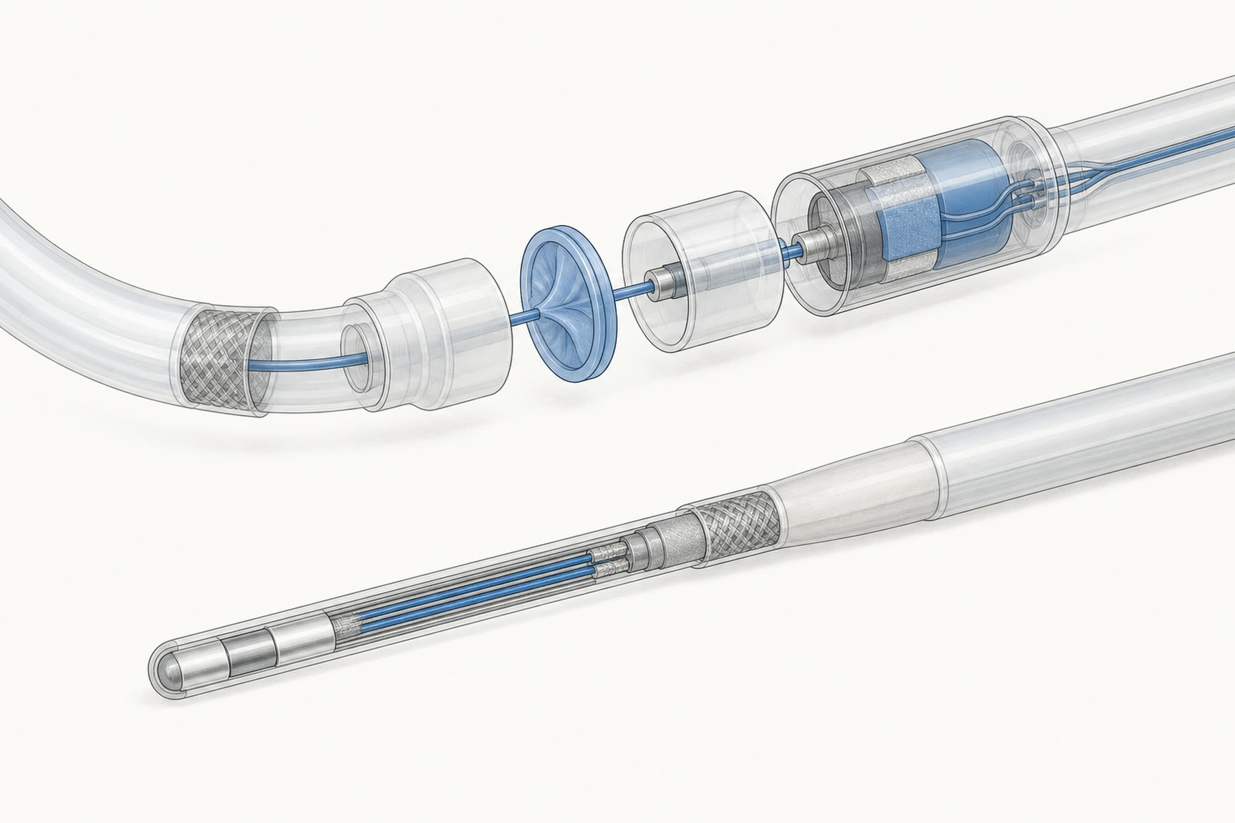 Generic exploded cutaway of a catheter-like and flexible-lead assembly, with no dimensions or device-specific data
